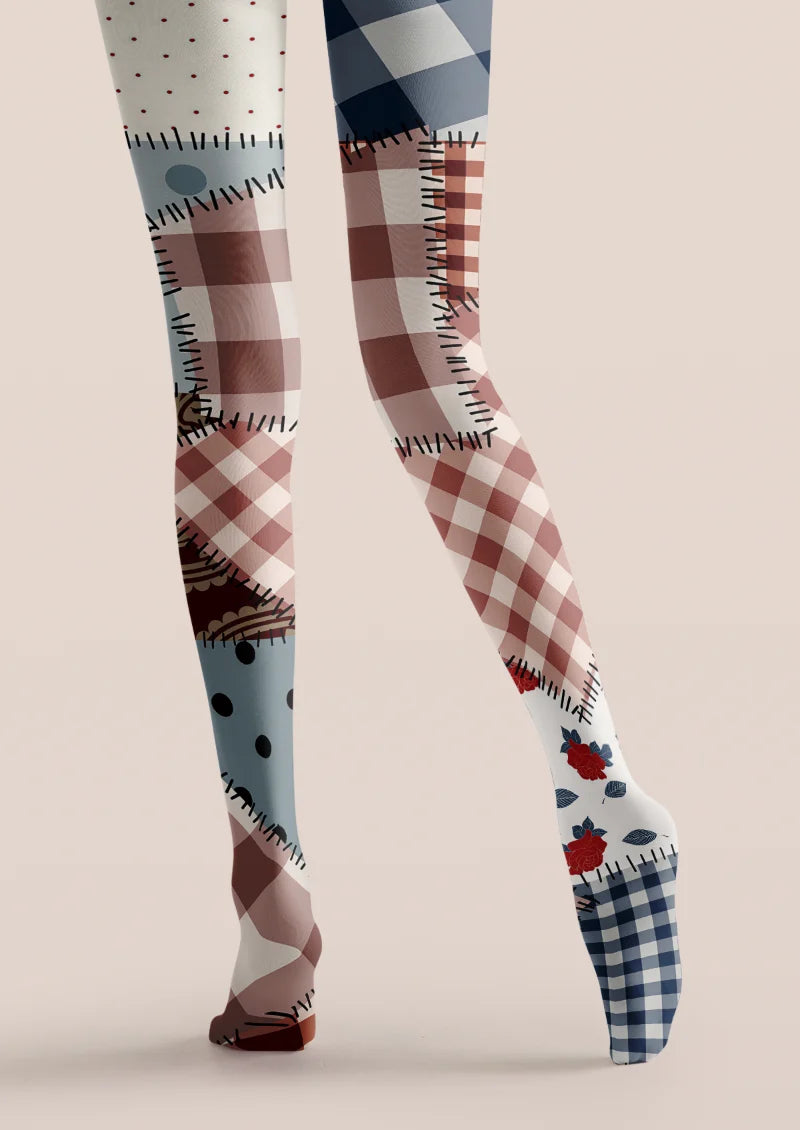 Beige Patchwork Plaid Rose Tights