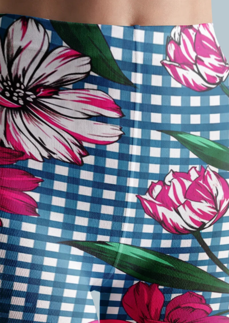 Blue Pink Floral Gingham Tights