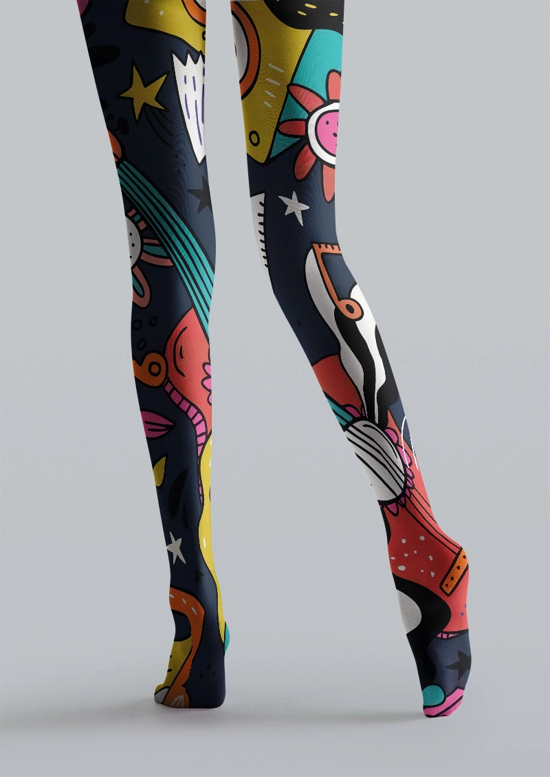 Colorful Guitar & Star Doodle Graphic Tights Hosiery Pantyhose
