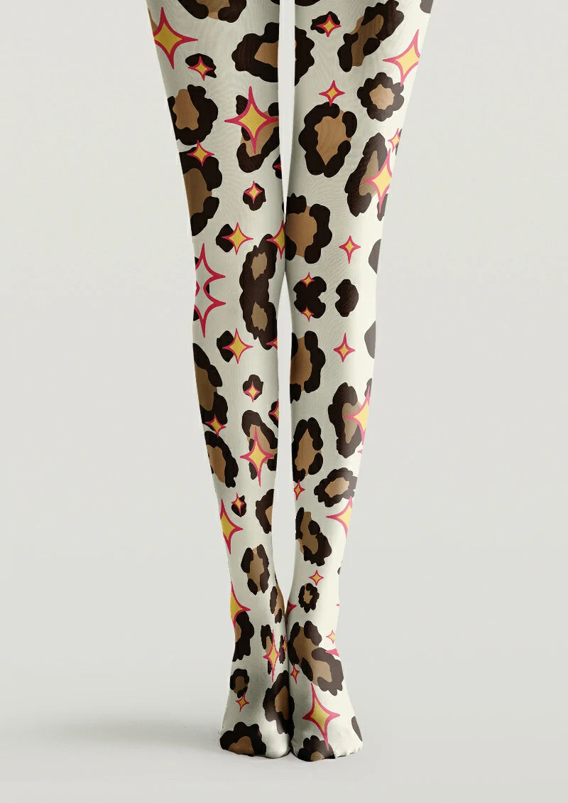 Ivory printed tights with light and dark brown leopard spots and yellow four-point stars outlined in pink