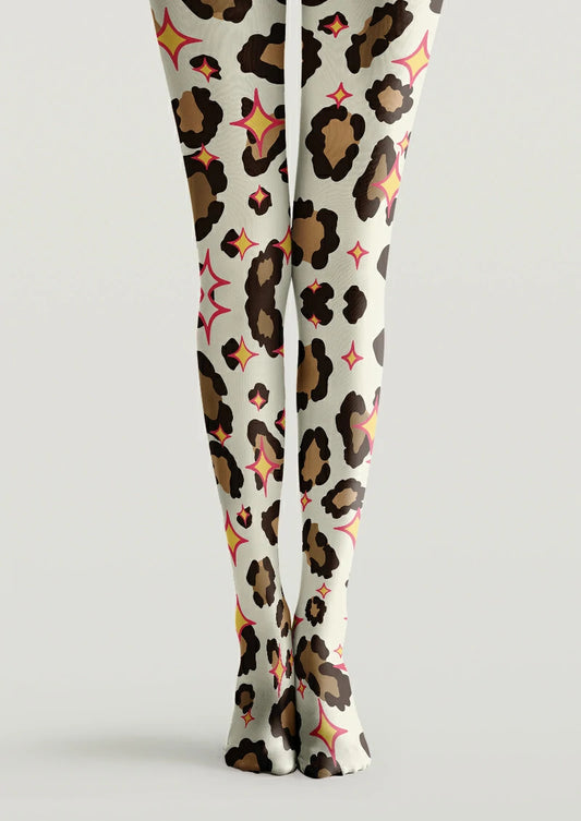 Ivory printed tights with light and dark brown leopard spots and yellow four-point stars outlined in pink