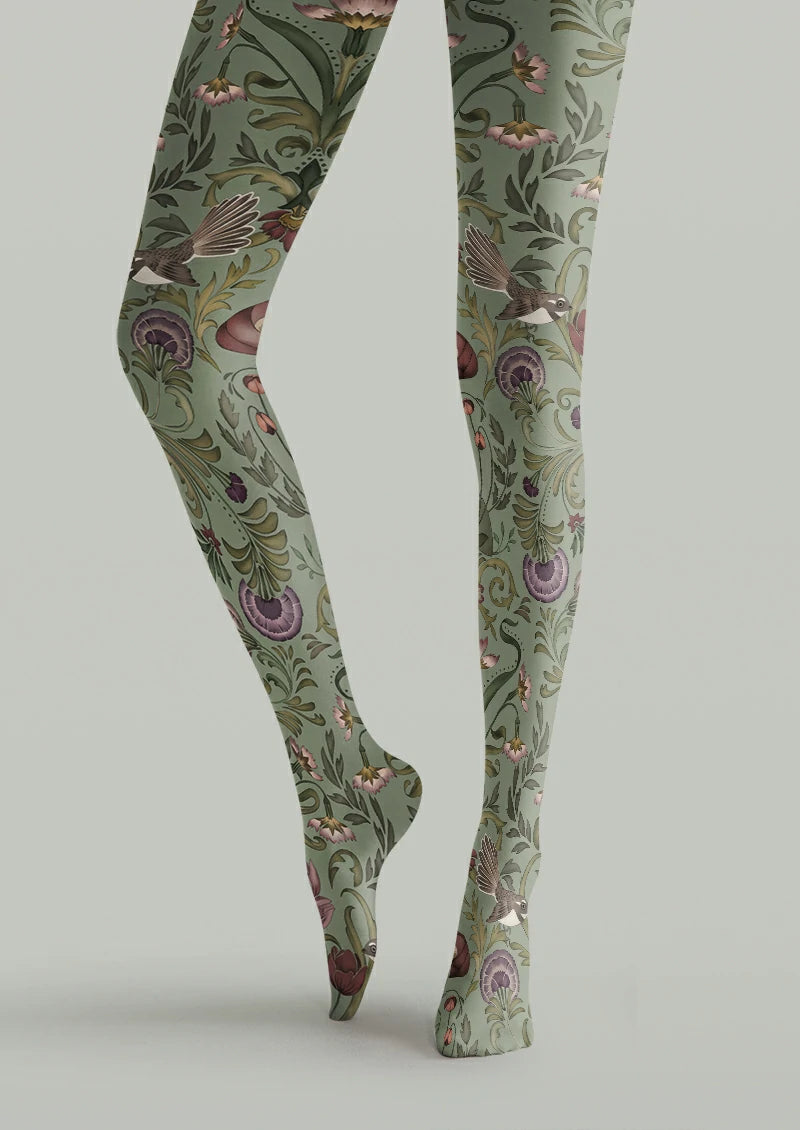 Green Bird and Floral Tights
