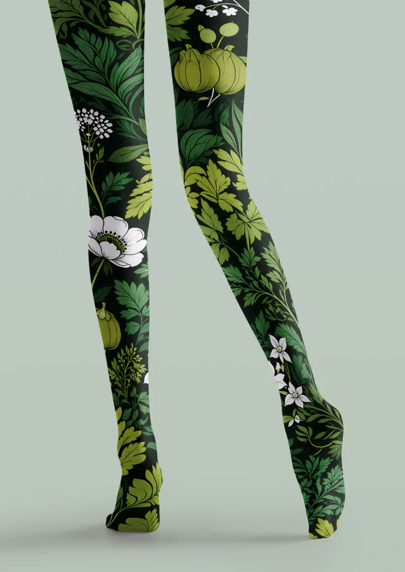 Black Botanical Print Tights