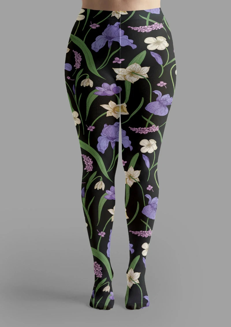 Black Iris Botanical Floral Tights Hosiery Pantyhose