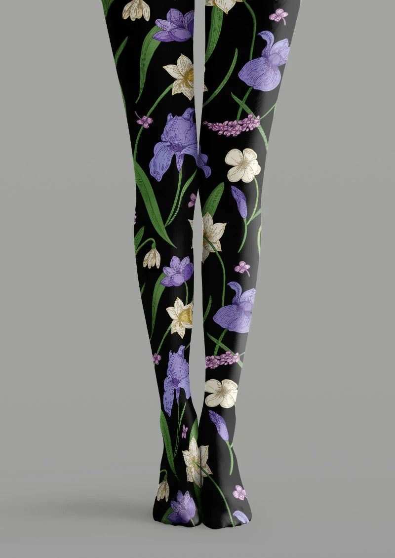 Black Iris Botanical Floral Tights Hosiery Pantyhose
