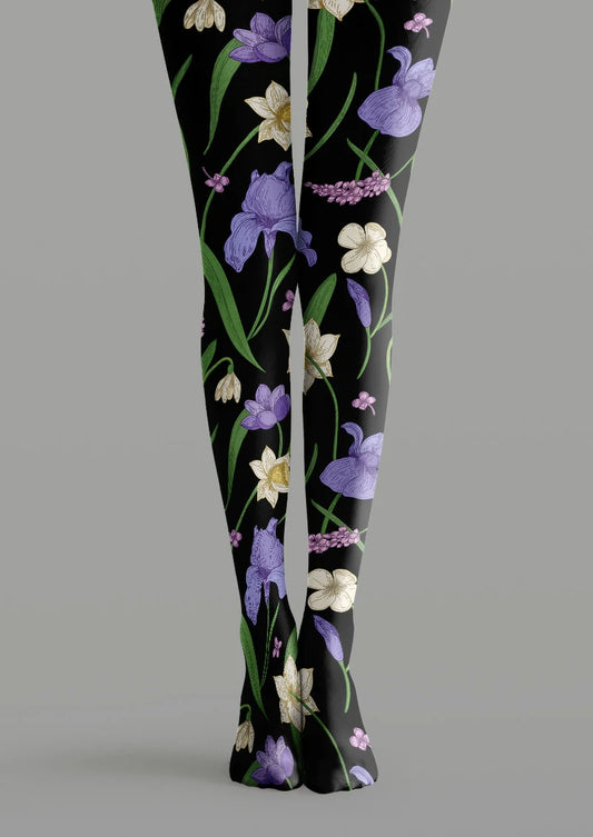 Black Iris Botanical Floral Tights Hosiery Pantyhose