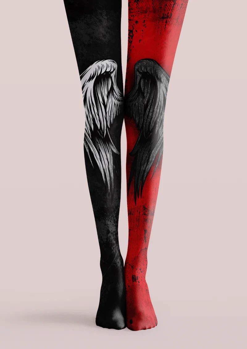 Black and red printed tights with contrasting angel wings and distressed graphic detailing