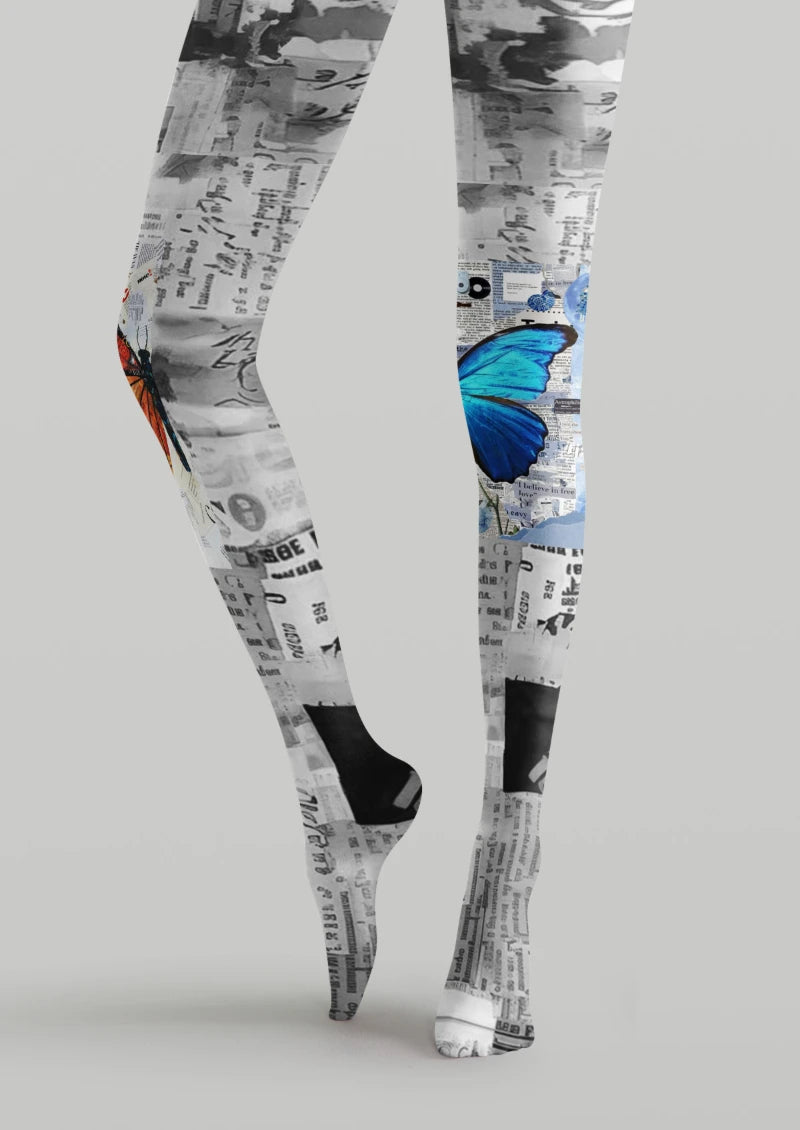 Gray Butterfly Newspaper Tights