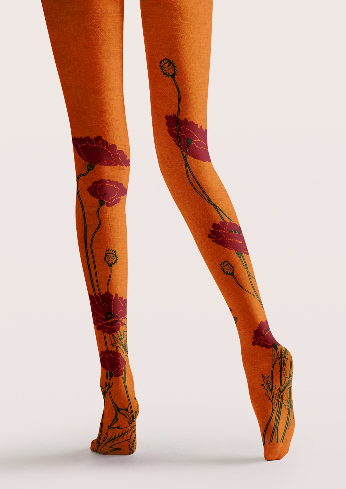 Orange Red Poppy Floral Tights
