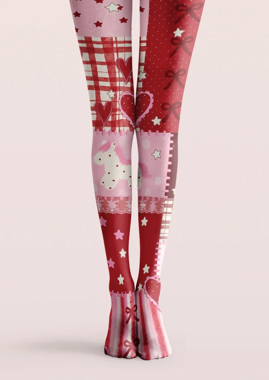 Brown, pink, and white printed tights with floral motifs, polka dots, ribbon bows, hearts, and patchwork panels