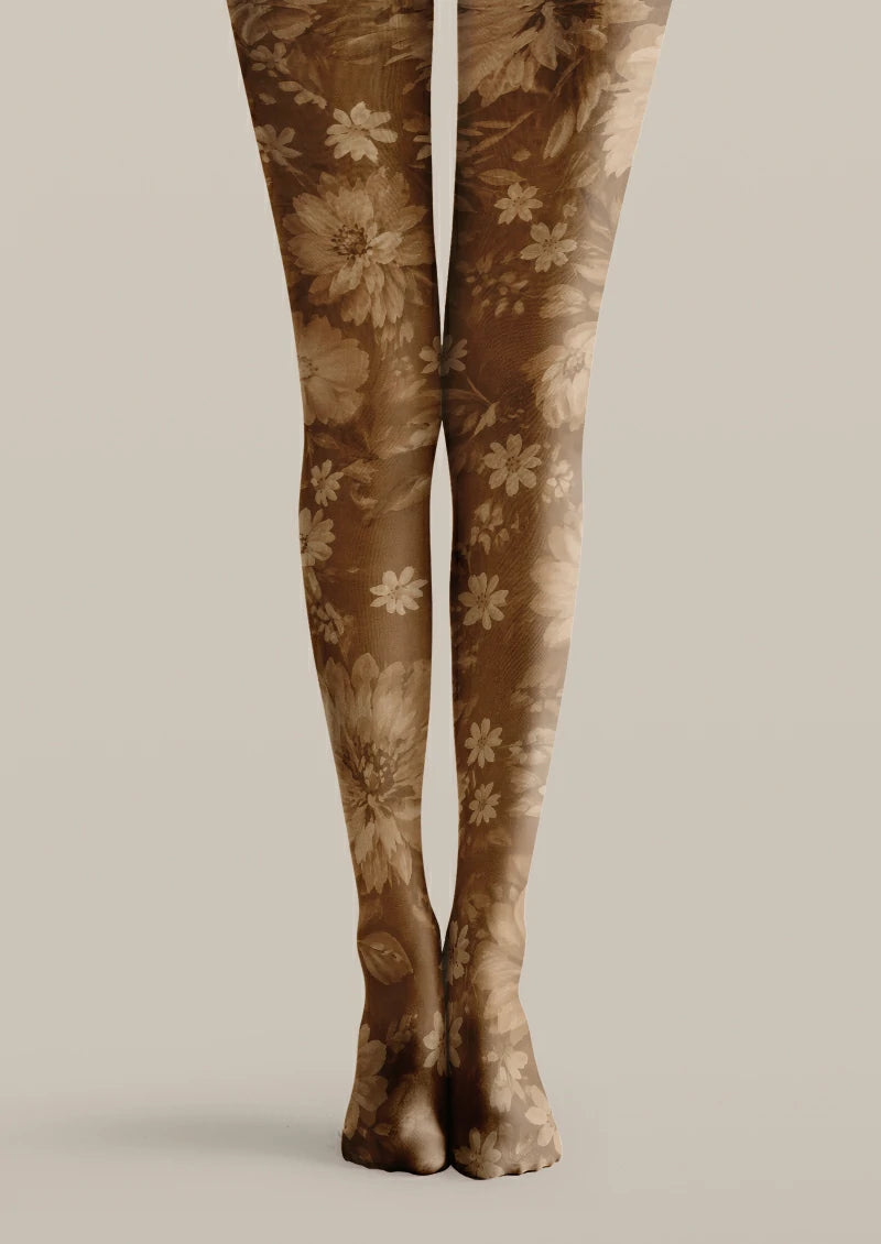 Brown printed tights with large beige blossoms, smaller flowers and shaded leafy stems in a tonal arrangement.