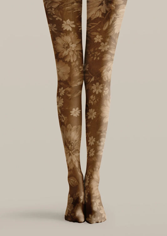 Brown printed tights with large beige blossoms, smaller flowers and shaded leafy stems in a tonal arrangement.