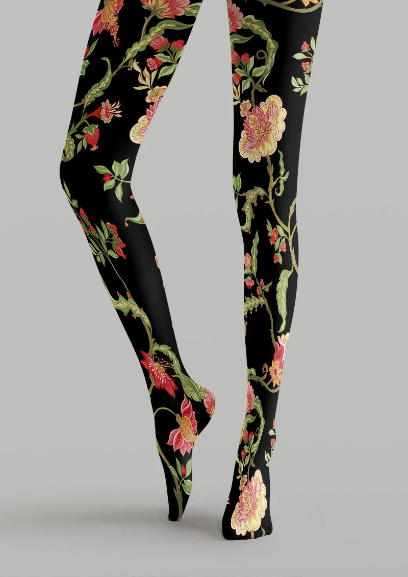 Black Pink Botanical Tights