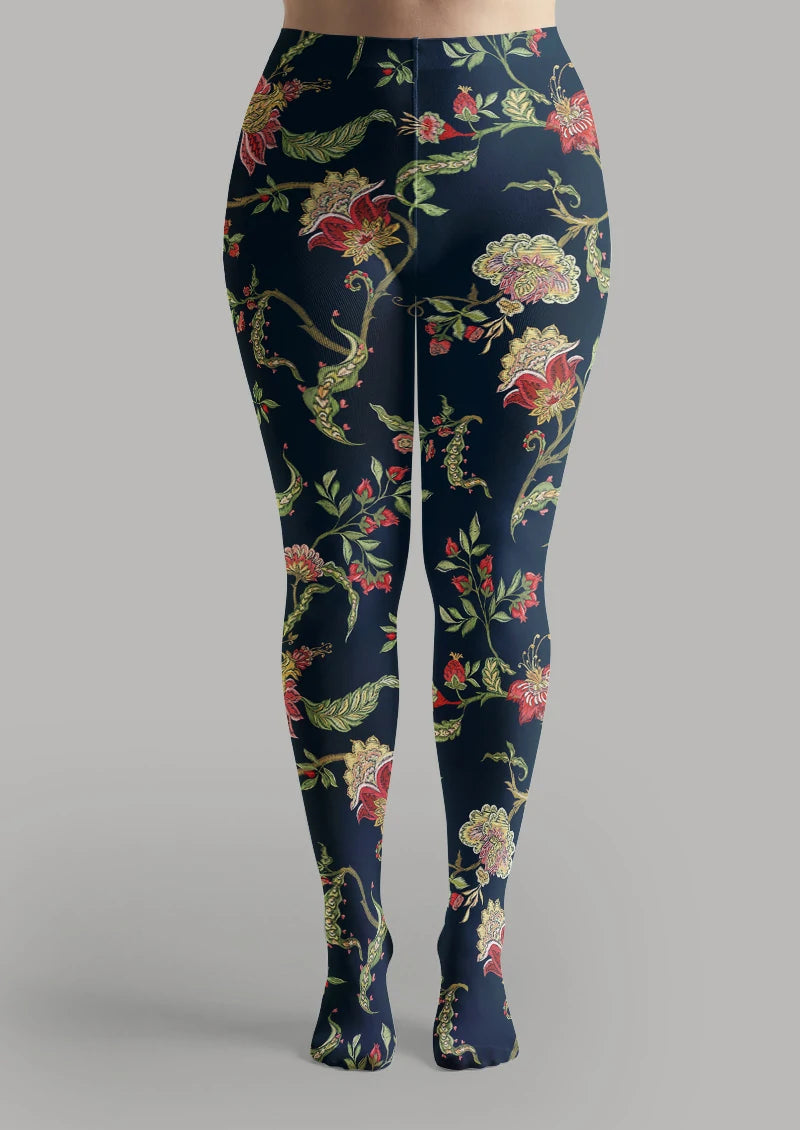 Navy Red Botanical Floral Tights