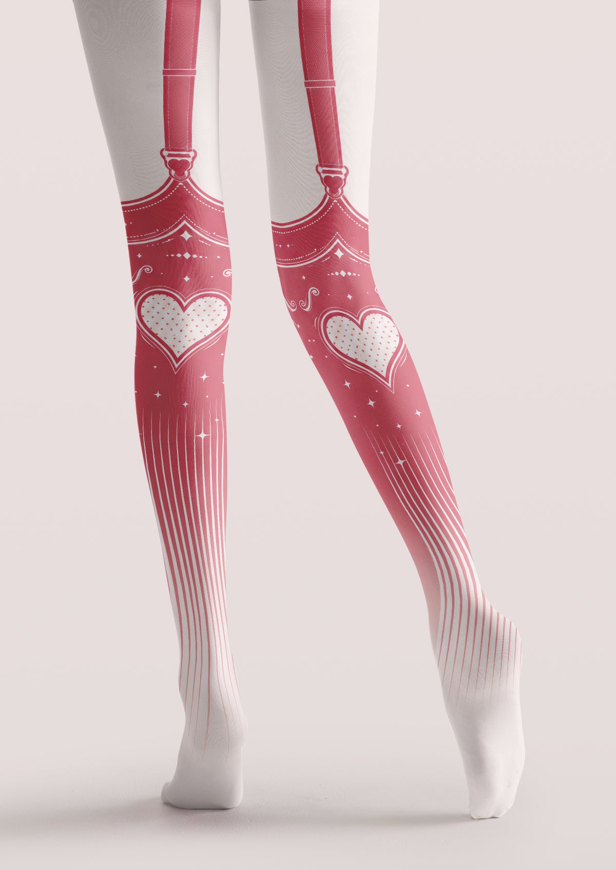 White Pink Heart Garter Tights