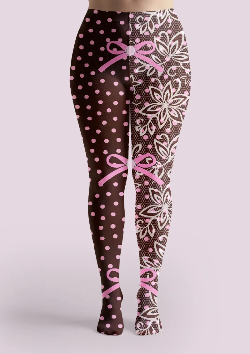 Brown Pink Floral Bow Tights