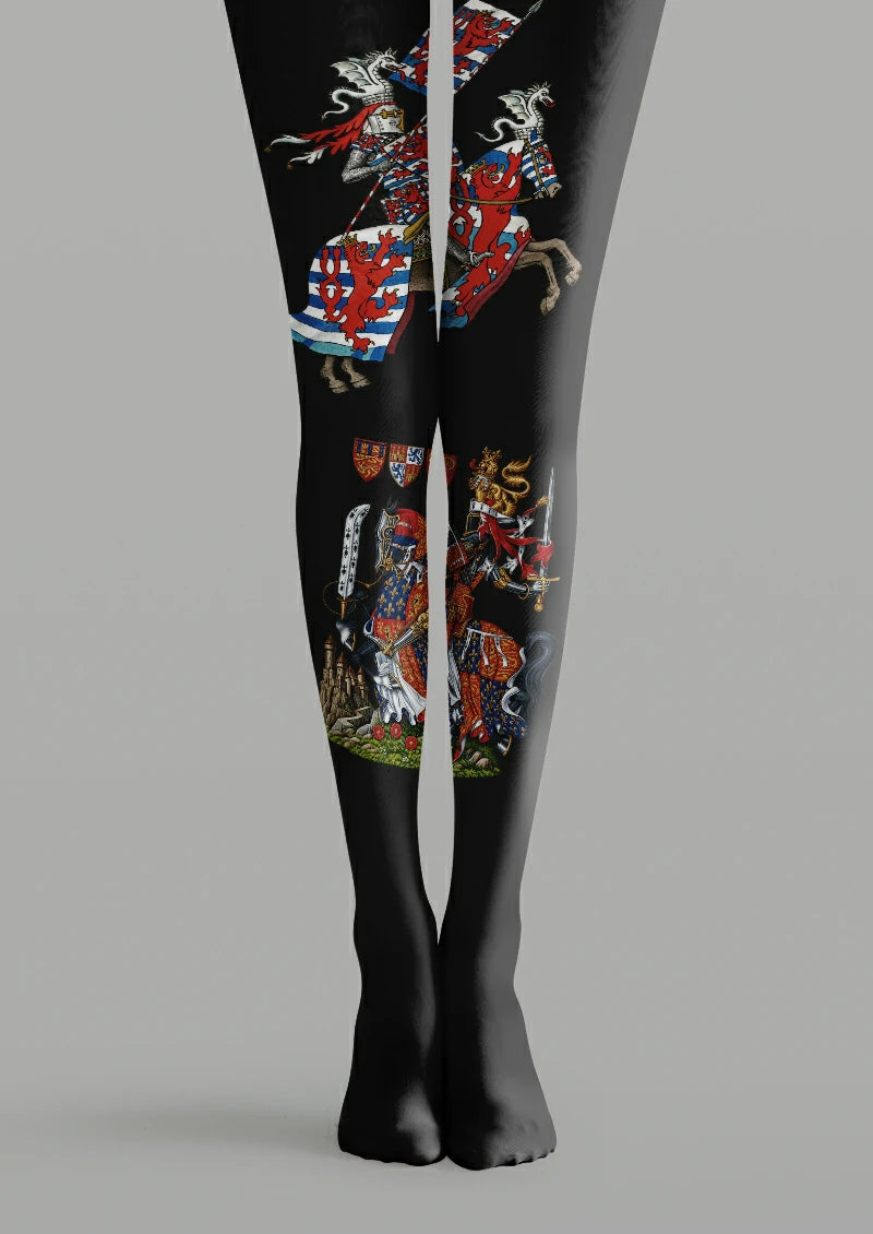 Black printed tights with knight illustrations, dragons, shields and medieval details