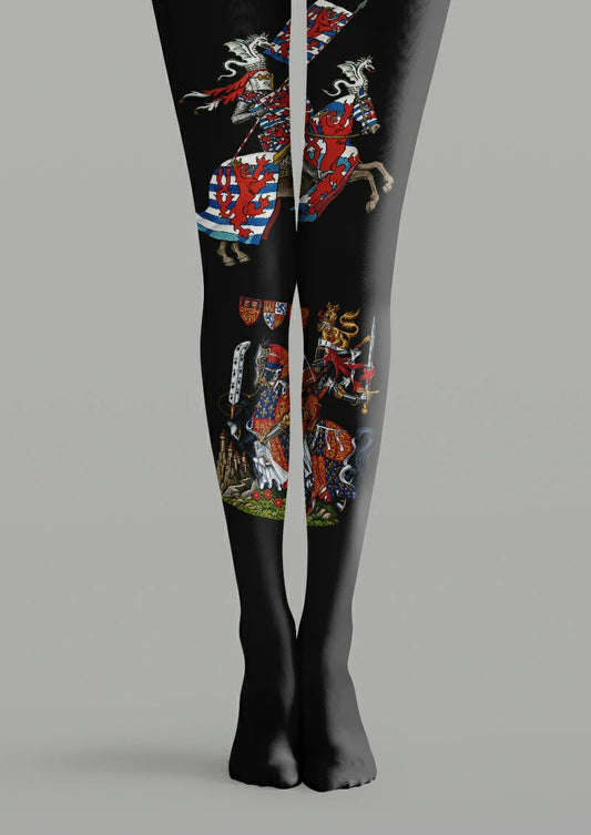 Black printed tights with knight illustrations, dragons, shields and medieval details