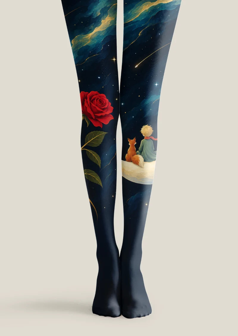 Navy tights with red roses, blue nebulae, stars, and a blond figure beside an orange fox on a pale crescent moon.