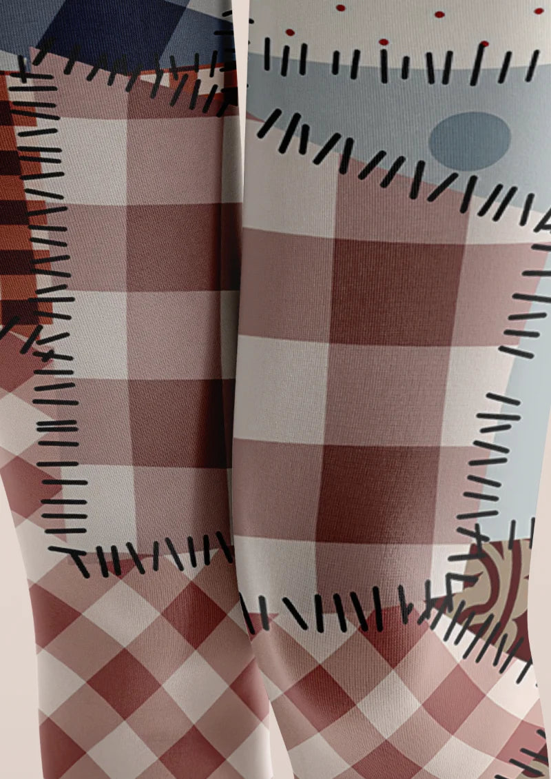 Beige Patchwork Plaid Rose Tights