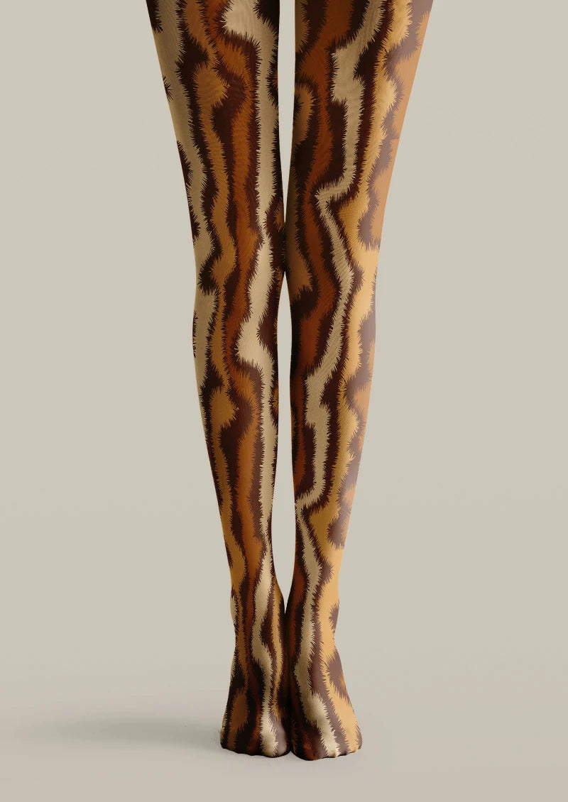 Brown printed tights with wavy orange and beige bands and fine jagged edges forming an animal stripe pattern