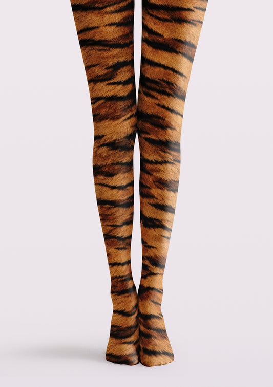 Brown printed tights with black tiger stripes and a warm orange-brown animal pattern across both legs.