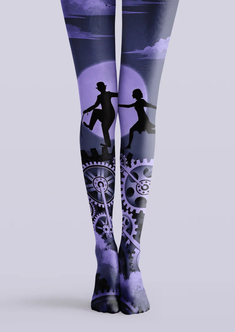 Navy, purple, and black printed tights with silhouetted figures, moonlit gears, and clockwork motifs