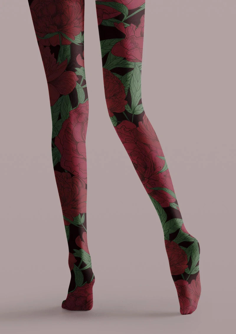 Crimson Rose Floral Tights Hosiery Pantyhose