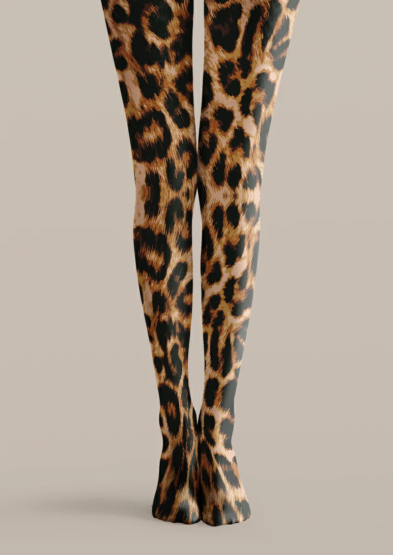 Brown printed tights with large black leopard rosettes, smaller spots and beige accents across the legs and feet