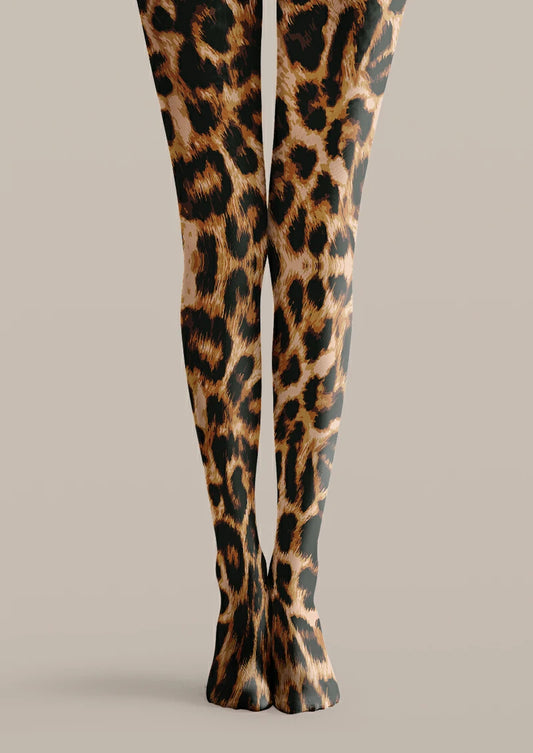 Brown printed tights with large black leopard rosettes, smaller spots and beige accents across the legs and feet