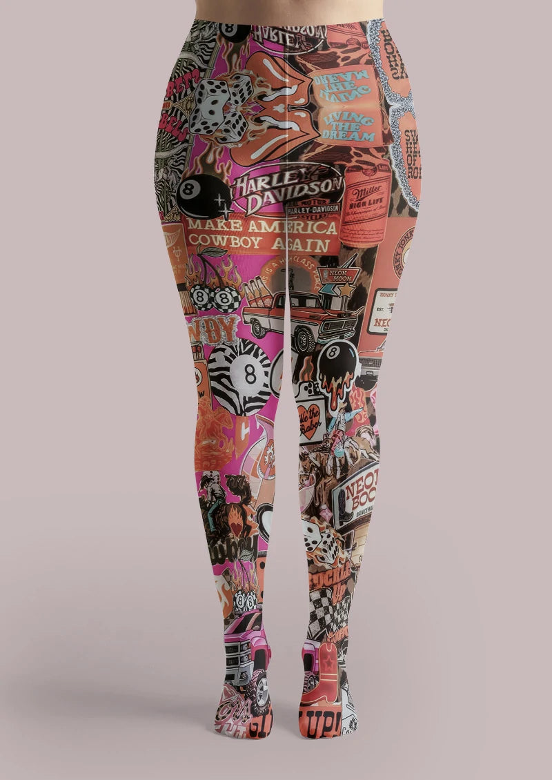 Cowgirl Sticker Collage Tights Hosiery Pantyhose