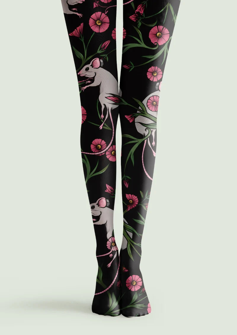 Black tights with gray mice, pink flowers, and winding green stems