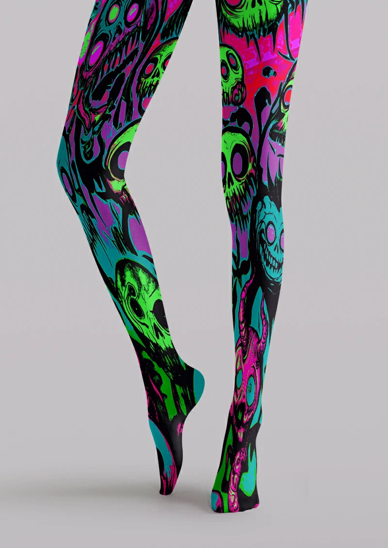 Black printed tights with overlapping neon green, pink, blue, and purple skull artwork