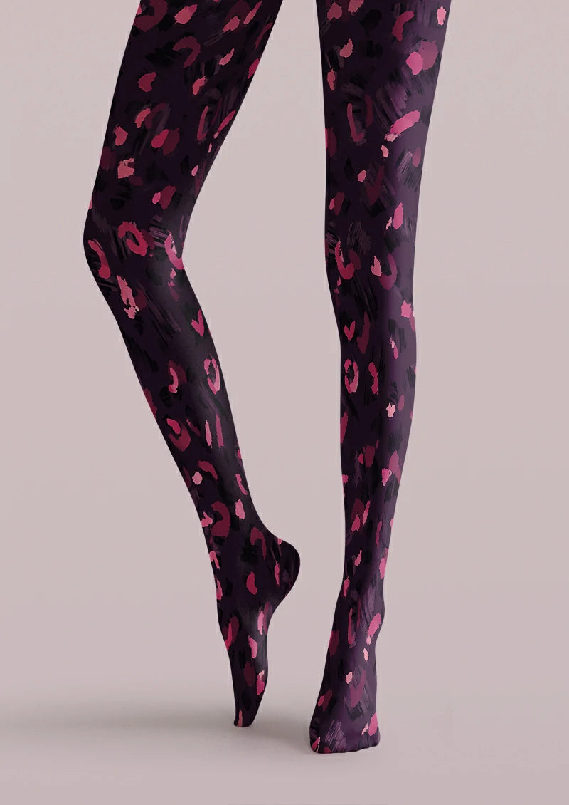 Purple printed tights with pink and burgundy leopard-style spots on a dark base