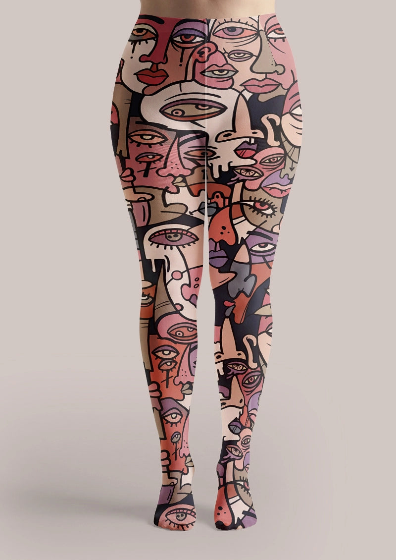 Abstract Face Mosaic Print Tights Hosiery Pantyhose