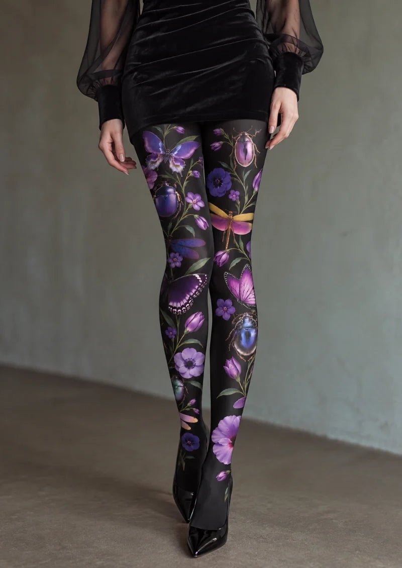 Black Floral and Insect Tights