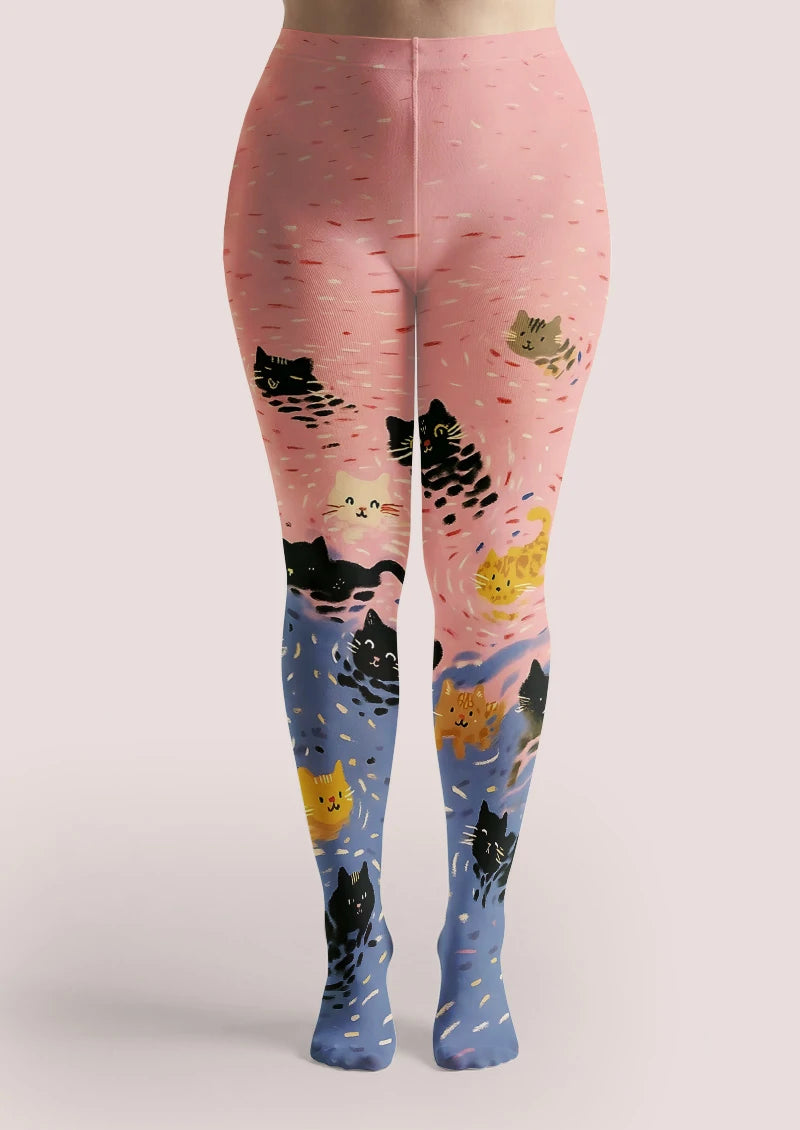 Pastel Cat Illustration Tights Hosiery Pantyhose