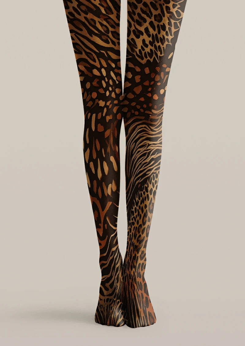 Black printed tights with mixed brown and bronze leopard spots, zebra-like stripes, and animal markings