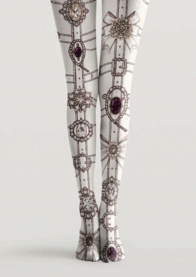 White printed tights with purple jeweled brooches, bows, buckles, chains, and ornamental accessory motifs
