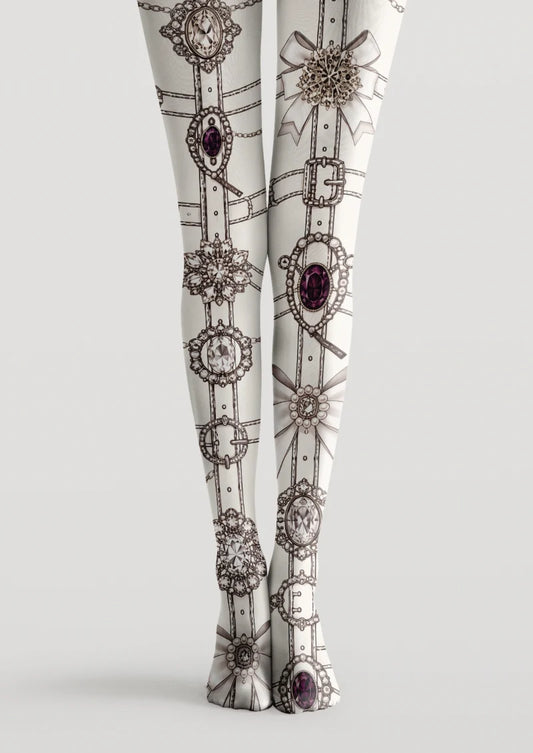 White printed tights with purple jeweled brooches, bows, buckles, chains, and ornamental accessory motifs