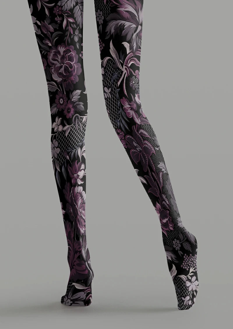 Black Purple Floral Lattice Tights
