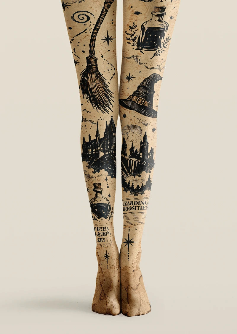 Beige printed tights with witch hats, broomsticks, potion bottles and castle silhouettes