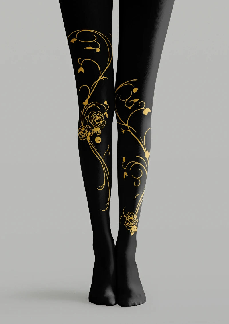 Black printed tights with yellow rose outlines, small buds, leaves and long curling vines placed at different heights.