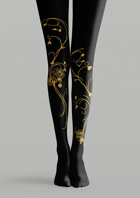 Black printed tights with yellow rose outlines, small buds, leaves and long curling vines placed at different heights.