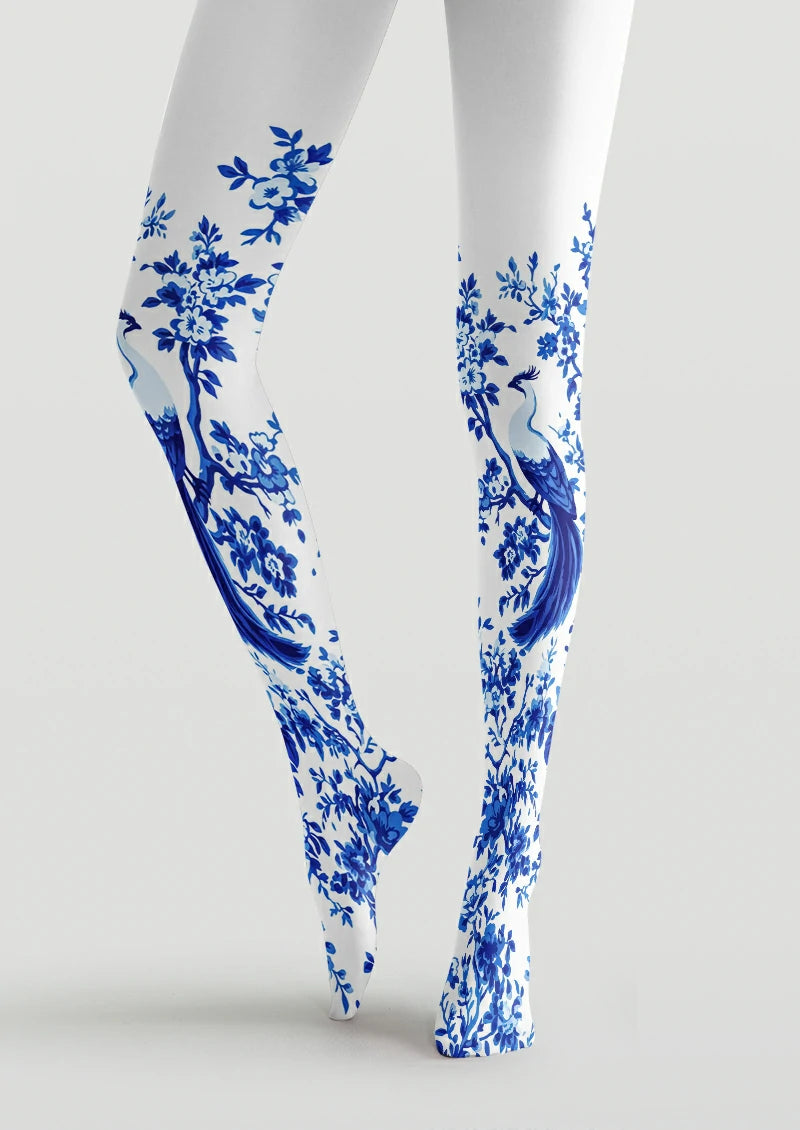 White Peacock Floral Tights