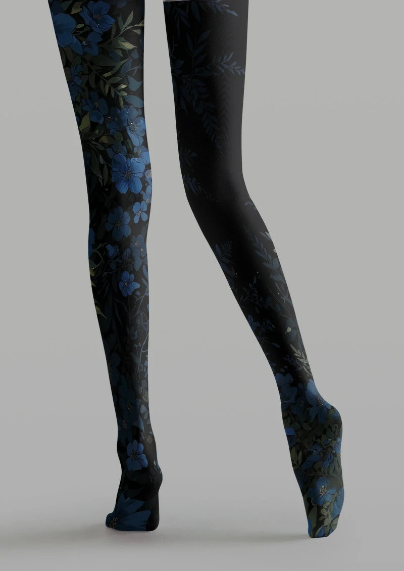 Midnight Blue Floral Tights Hosiery Pantyhose