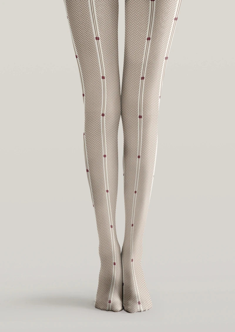 Beige Herringbone Striped Tights Hosiery Pantyhose