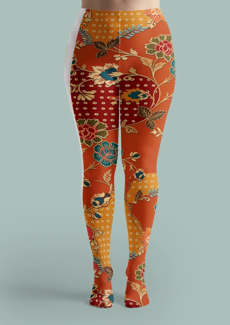 Red Orange Floral Tights