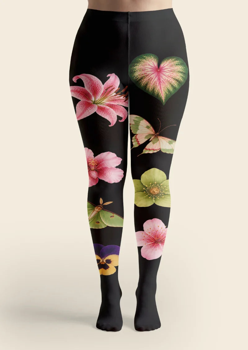 Black Floral and Moth Tights