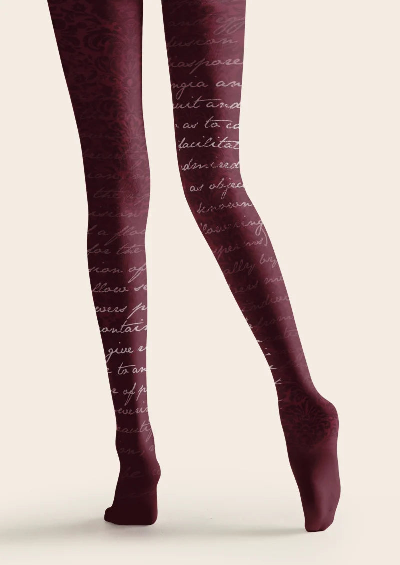 Burgundy Cursive Script Floral Tights